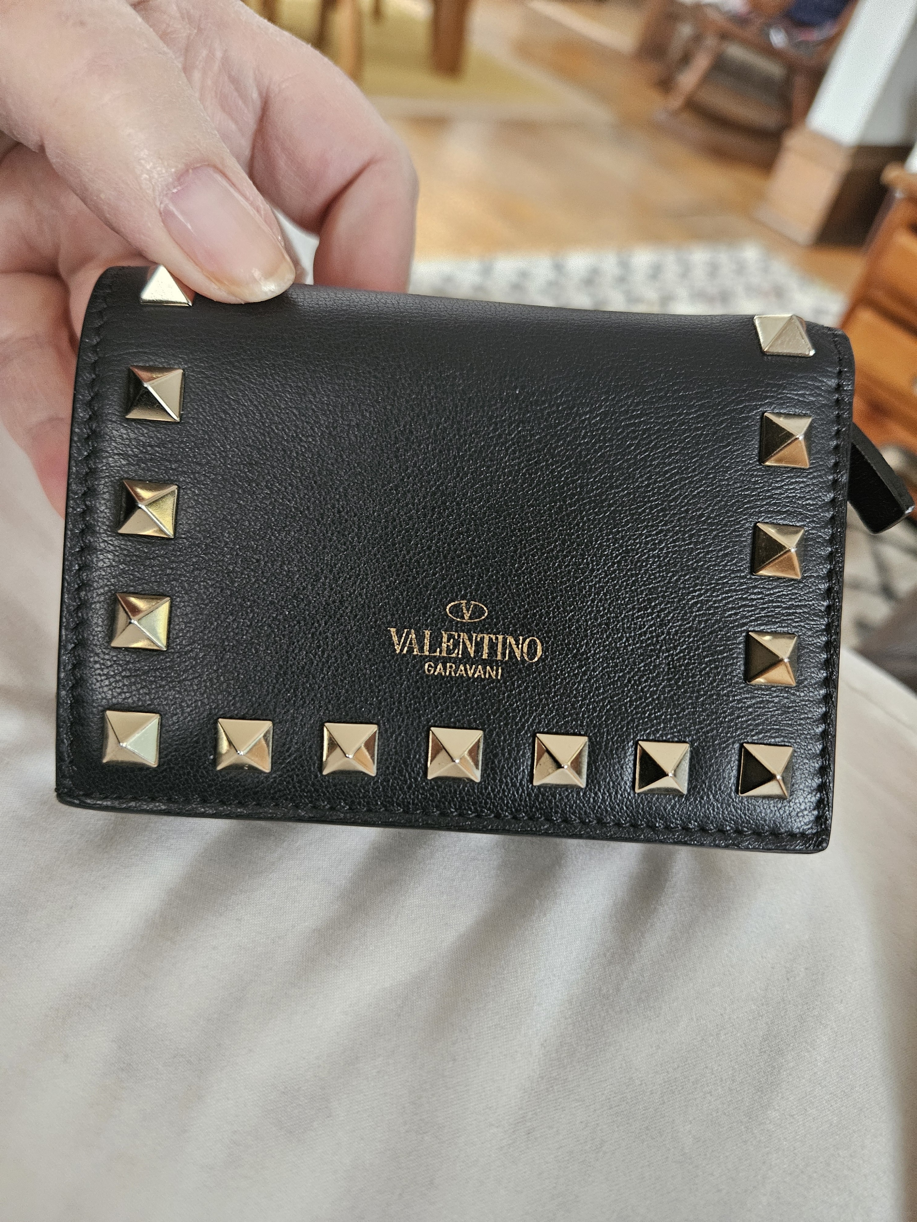 Valentino Garavani Black Rockstud Accents Leather Compact Wallet